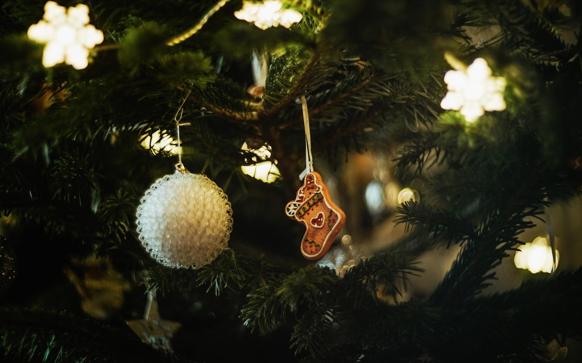 Lichterkette und Schmuck an einem Christbaum