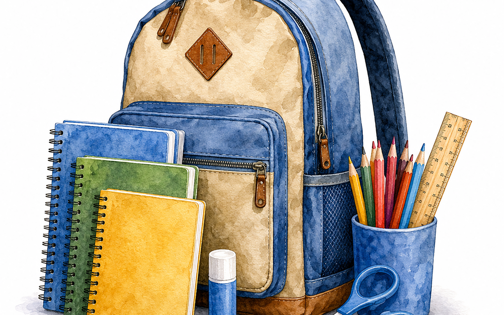 Illustration: Schulrucksack, Notizbücher, Stifte und Schere mit Uhu.